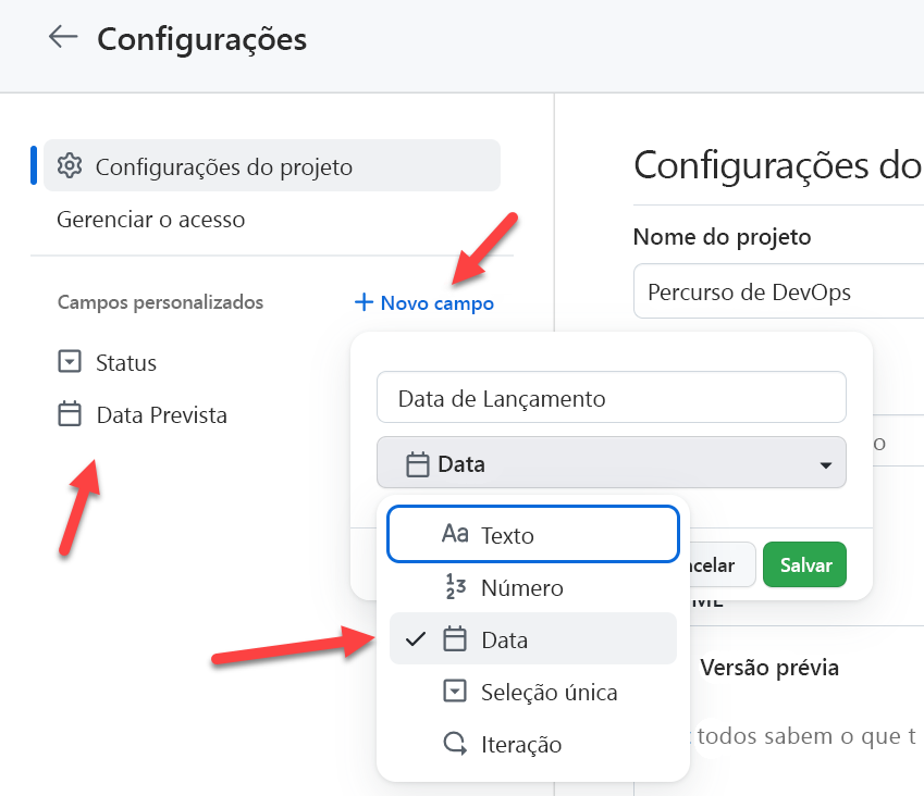 Captura de tela das configurações de Projetos do GitHub para criar campos personalizados.