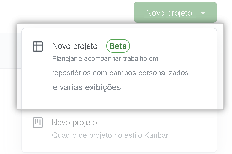 Captura de tela do recurso Novo projeto do GitHub (beta).