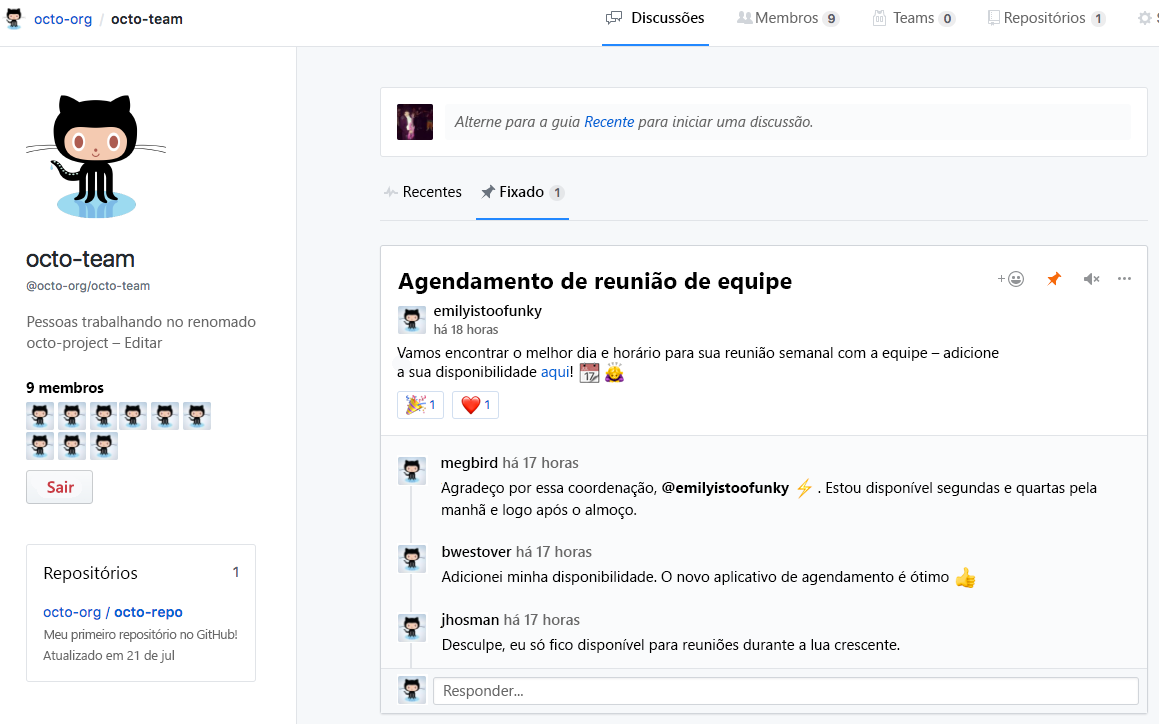 Captura de tela do recurso de discussão da equipe do GitHub.