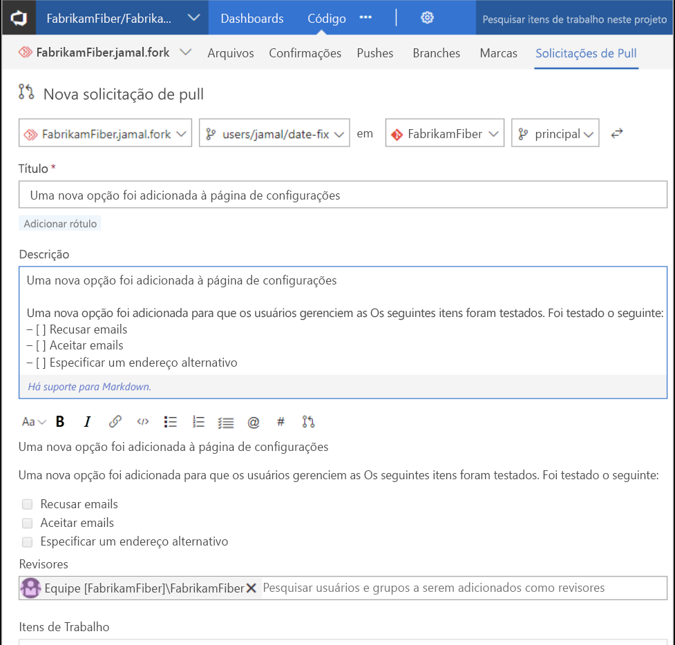 Diagrama mostrando Criar e concluir uma PR.