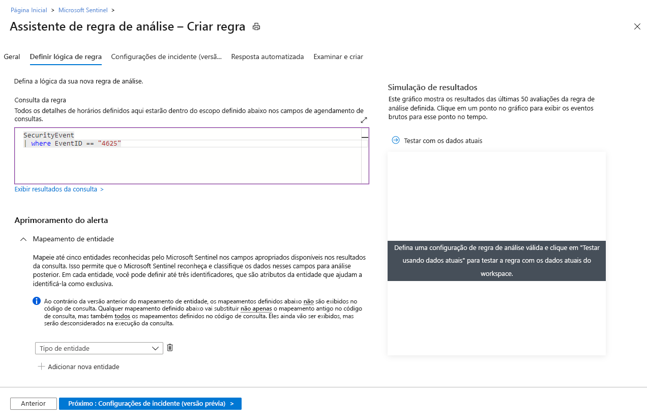 Captura de tela mostrando um exemplo de como definir a lógica da regra.