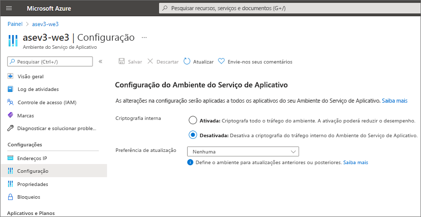 Captura de tela mostrando a página de configuração do ambiente do serviço de aplicativo.