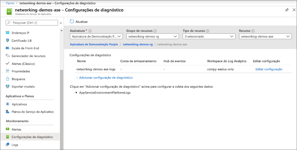 Captura de tela mostrando a página de configurações de diagnóstico.