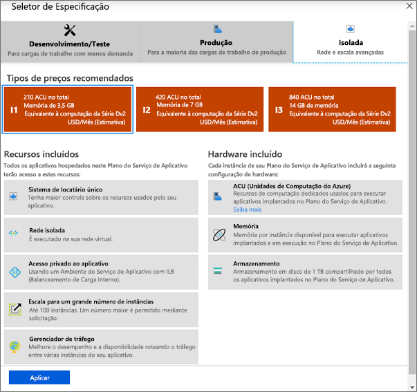 Captura de tela mostrando o painel do seletor de especificação.