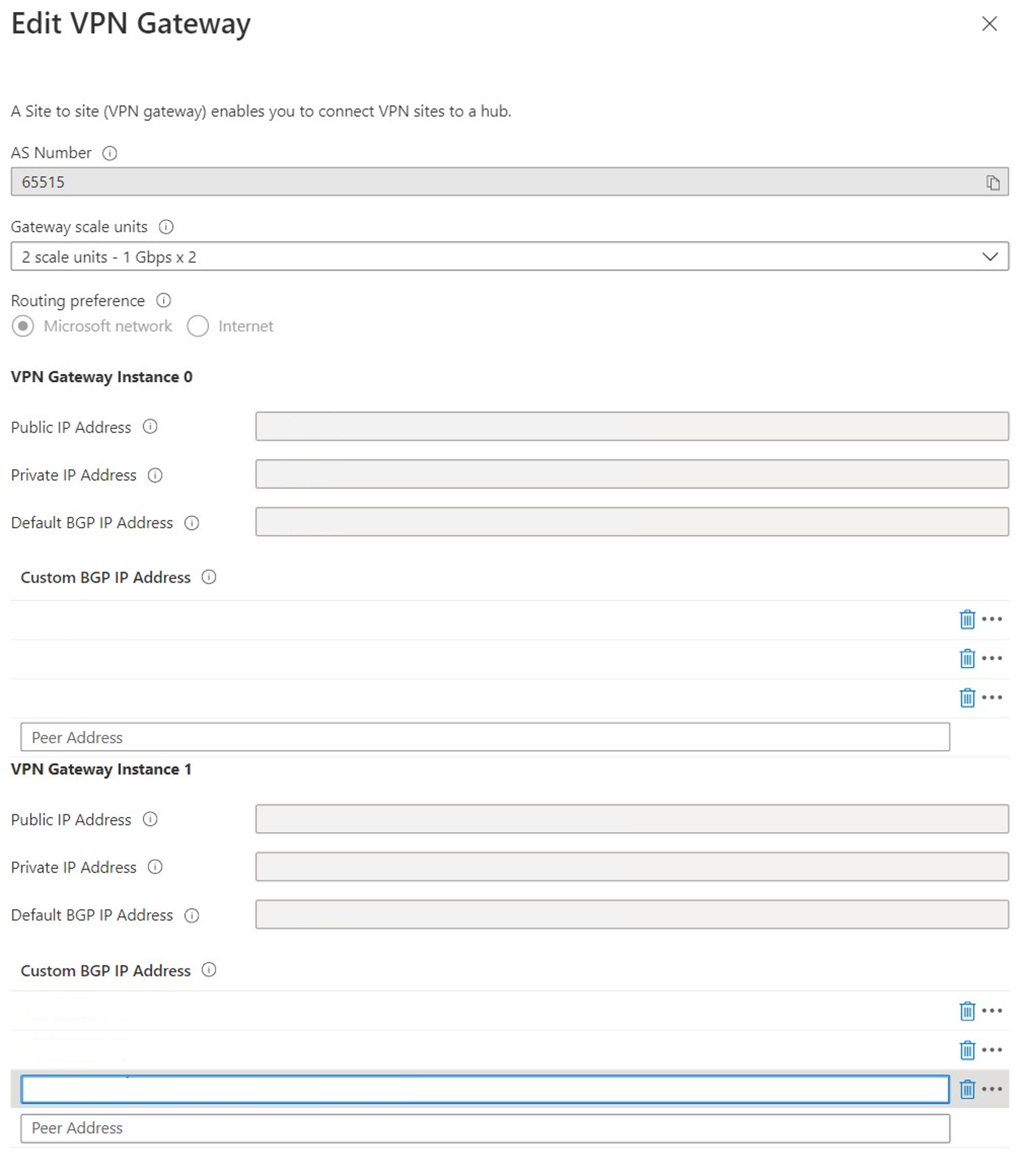 Captura de tela mostrando como editar configurações de gateway de rede virtual privada.