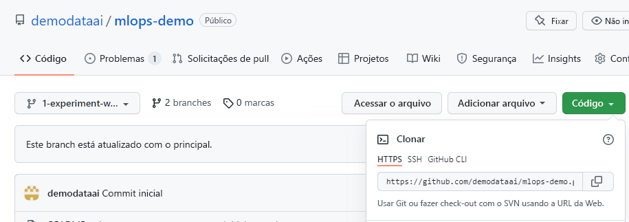 Captura de tela do repositório Git com o botão “Clonar código”.