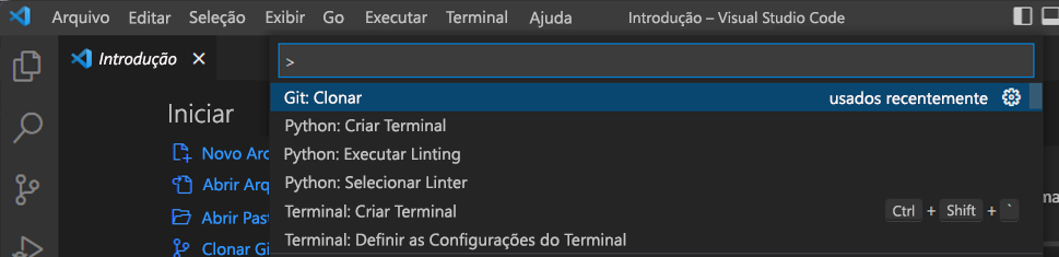 Captura de tela do clone do Git na paleta de comandos do Visual Studio Code.