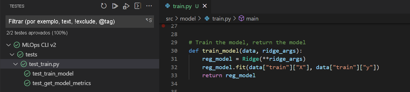 Captura de tela dos resultados do teste de unidade com êxito no Visual Studio Code.