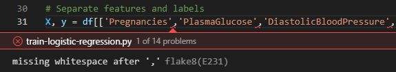 Captura de tela dos resultados do Flake8 no Visual Studio Code.