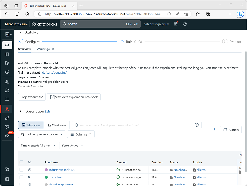 Captura de tela da interface do Experimento de ML automatizado com execuções concluídas.