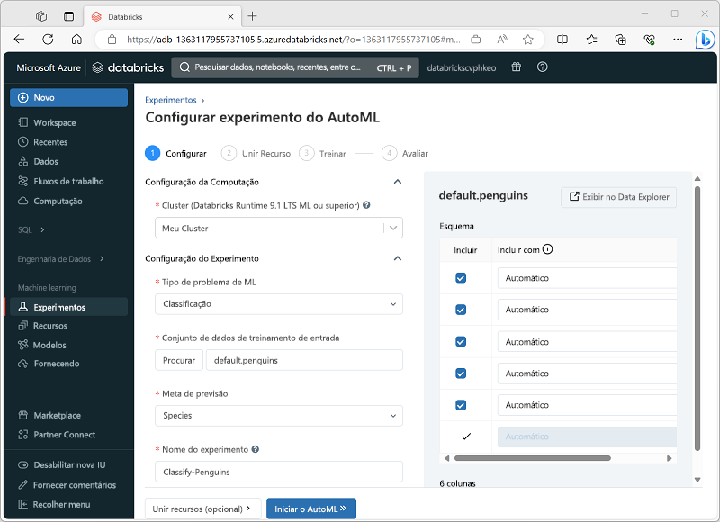 Captura de tela da interface Configurar Experimento de ML automatizado no Azure Databricks.