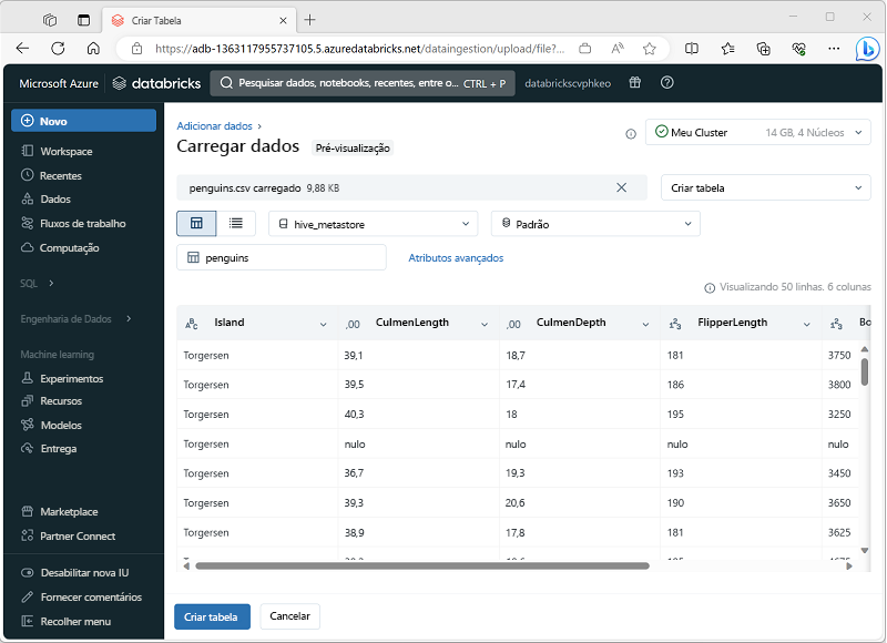 Captura de tela da interface Carregar dados do Azure Databricks.