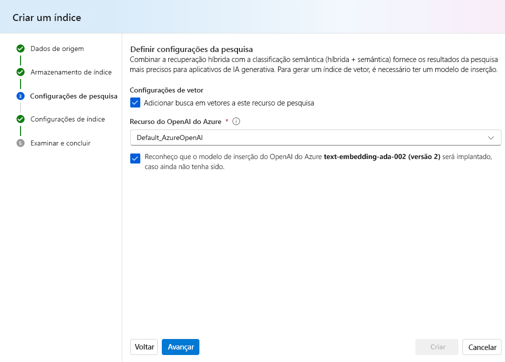 Captura de tela da criação de um índice no Estúdio de IA do Azure.