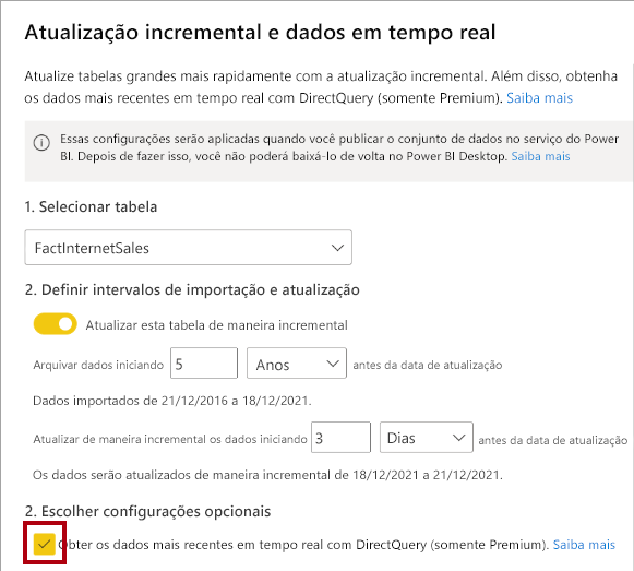 Diagrama animado mostra a atualização incremental e a configuração de dados em tempo real e destaca a opção Obter dados mais recentes em tempo real com o DirectQuery.