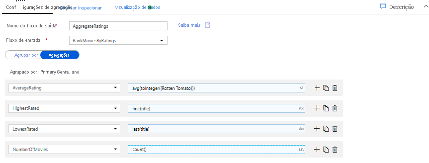 Como configurar uma transformação de Agregação em um Fluxo de Dados de Mapeamento no Azure Data Factory