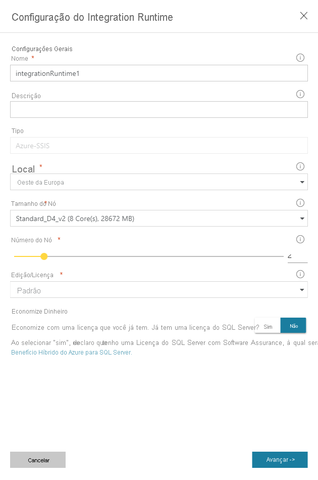 Página de configurações gerais do Integration Runtime