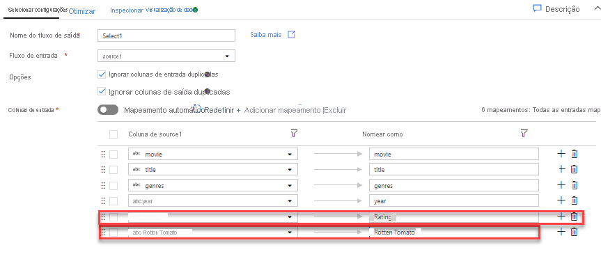 Como usar uma transformação de seleção em um Fluxo de Dados de Mapeamento no Azure Data Factory