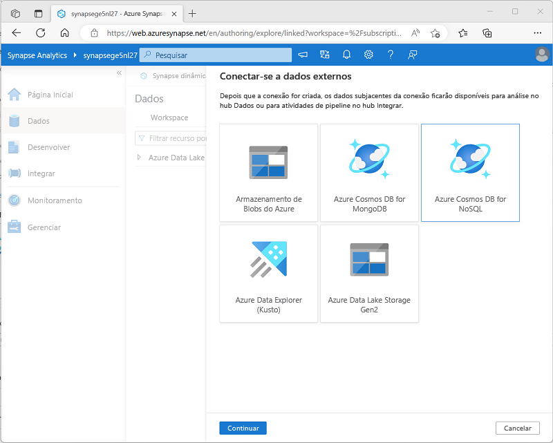 Uma captura de tela do Azure Synapse Studio que mostra a página Conectar-se a dados externos.