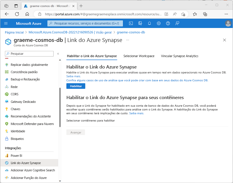 Uma captura de tela que mostra a opção usada para habilitar o Link do Azure Synapse para uma conta do Cosmos DB for NoSQL.