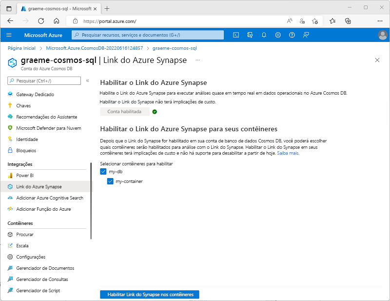 Captura de tela mostrando a página do Link do Azure Synapse no portal do Azure, com um contêiner existente selecionado e o botão “Habilitar Link do Synapse em seu contêiner” habilitado.