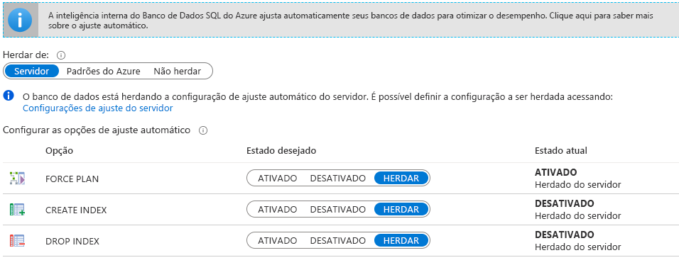 Captura de tela das Opções de Ajuste Automático do Banco de Dados SQL do Azure.