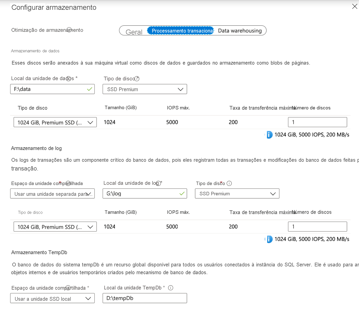 Configuração de Disco de VM do SQL Server