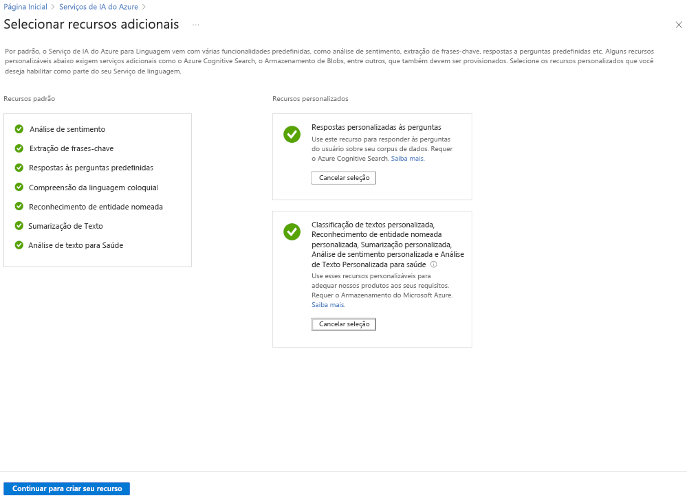 Captura de tela mostrando a criação de um serviço de linguagem no portal do Azure.