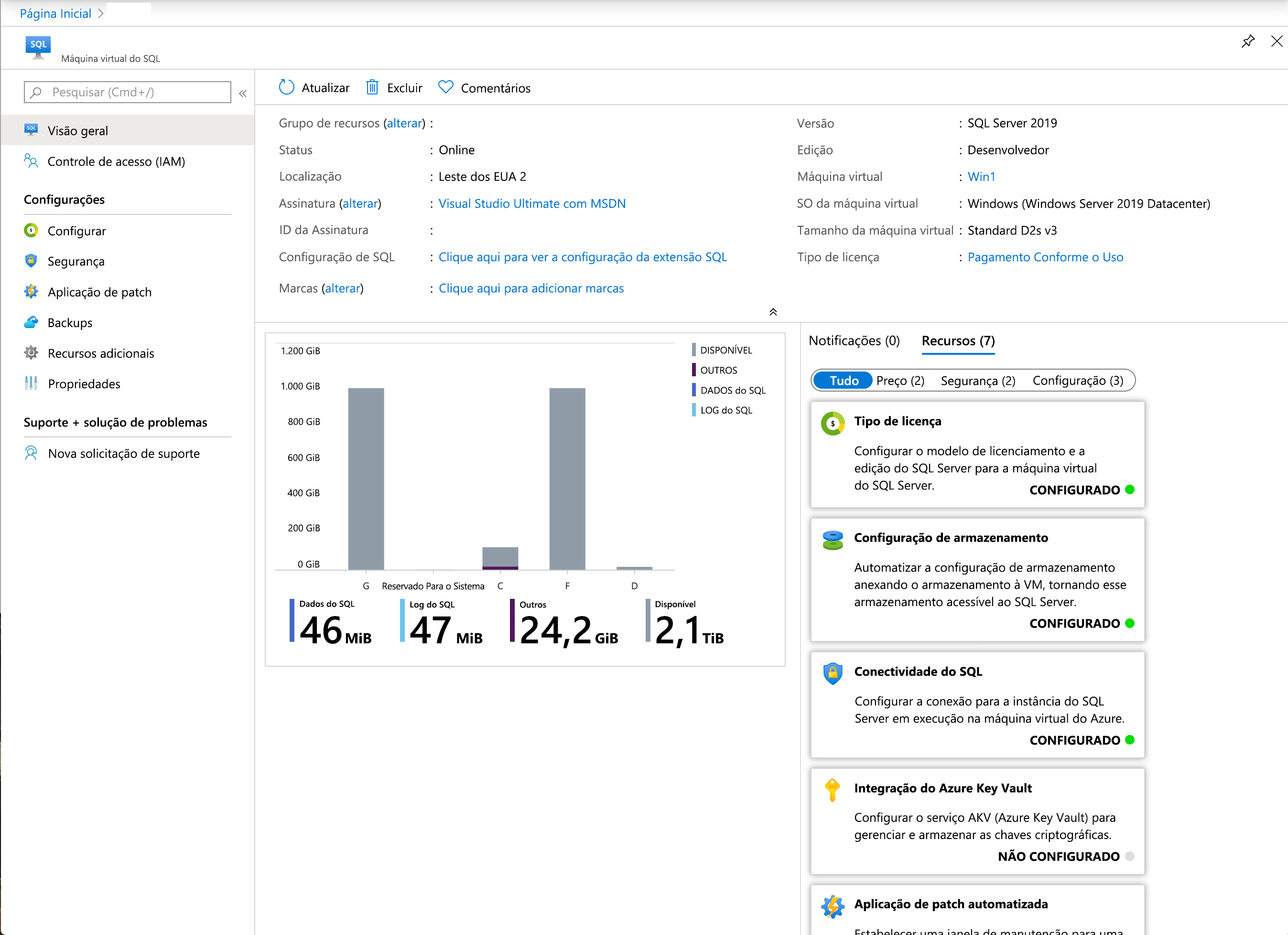 Imagem da configuração da máquina virtual do SQL no portal do Azure