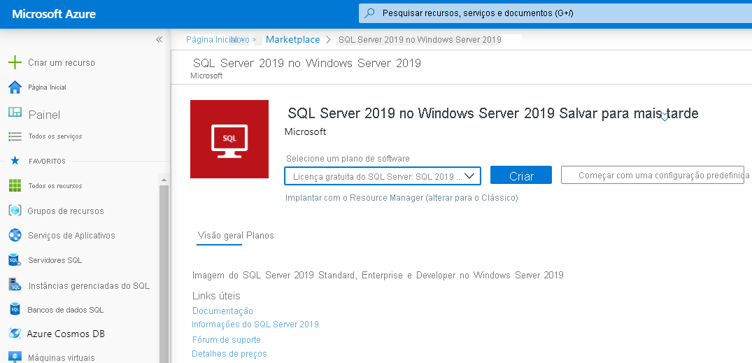 Criação da VM do SQL Server no portal do Azure