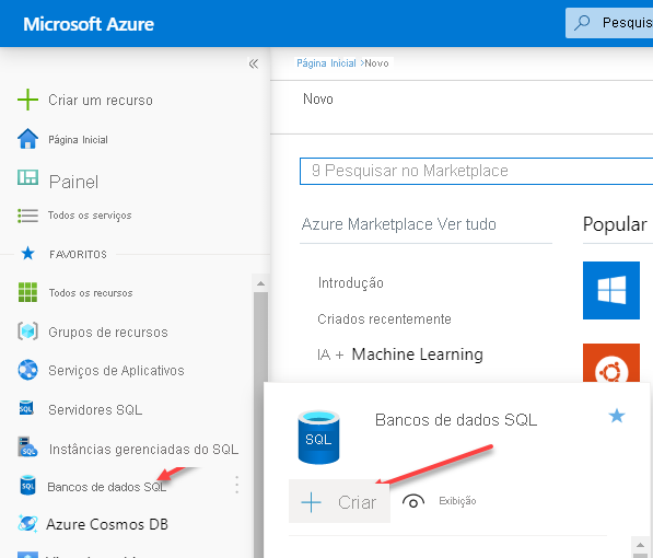 A tela Implantação do Banco de Dados SQL do Azure do portal do Azure