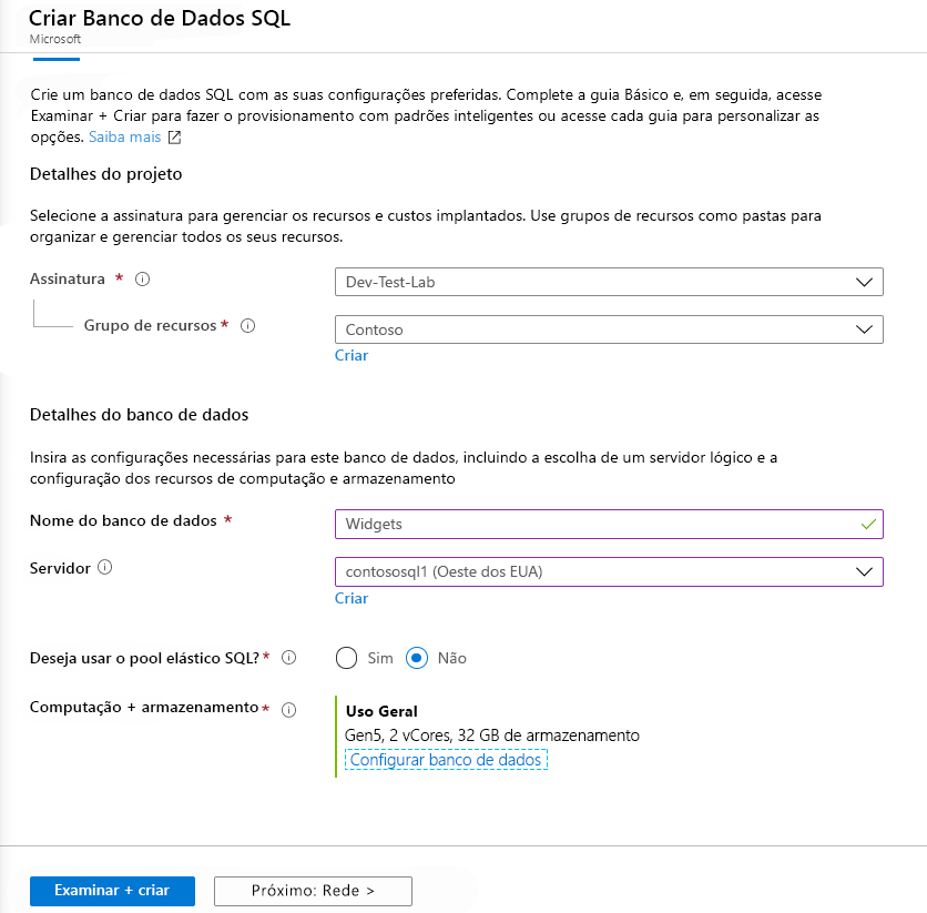 Folha Criar Banco de Dados SQL do portal do Azure