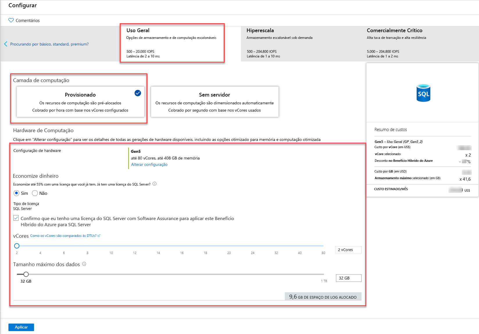 Seleção da camada de serviço no portal do Azure