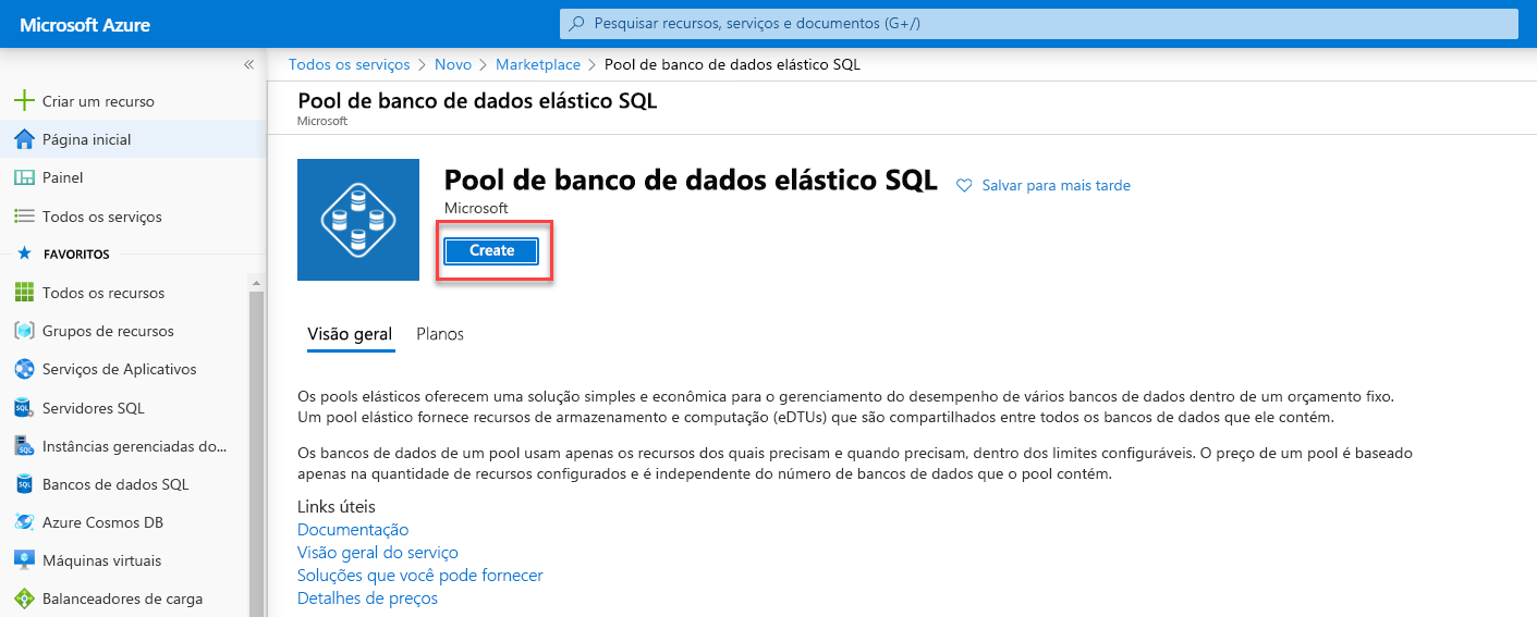 A tela Criar Pool Elástico no portal do Azure