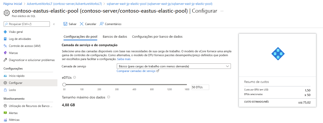 A página do portal do Azure mostrando a Configuração do Pool Elástico