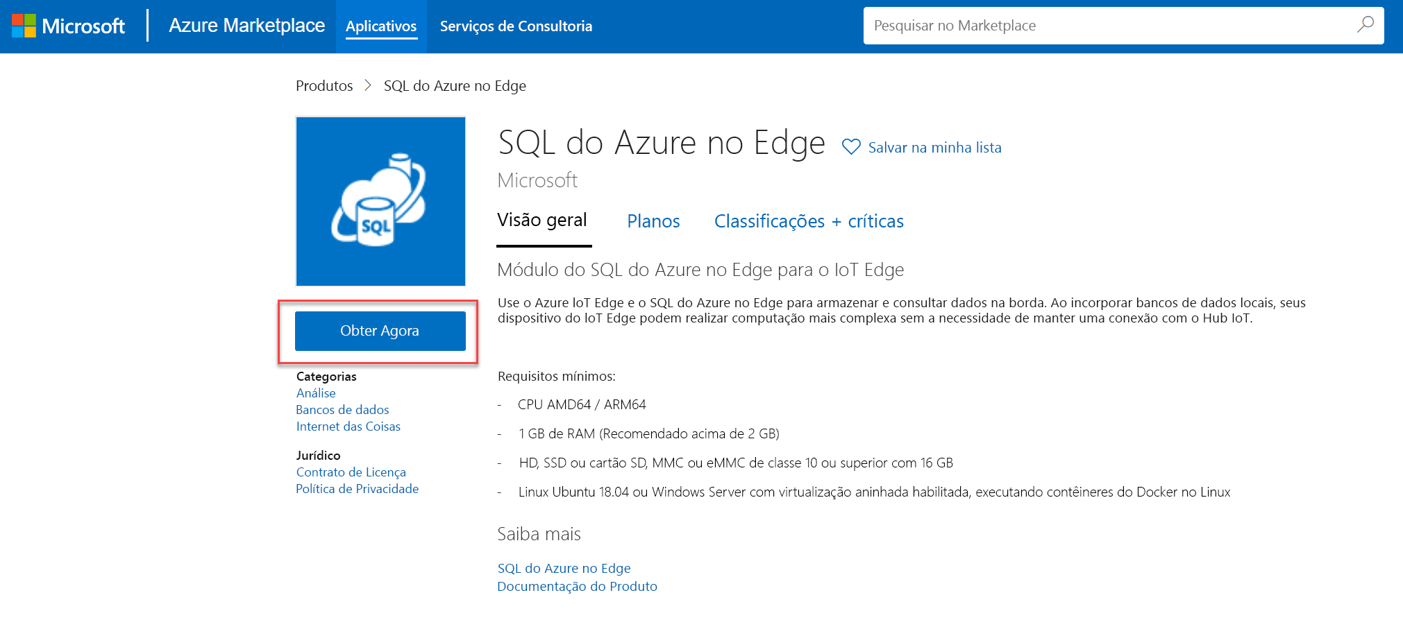 A tela de visão geral do módulo SQL do Azure no Edge é exibida com o botão “Obter agora” realçado.