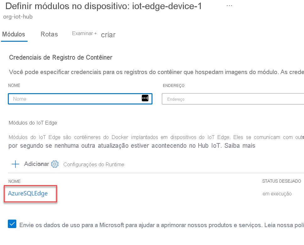 A lista “Módulos” do IoT Edge é exibida com o módulo AzureSQLEdge realçado.