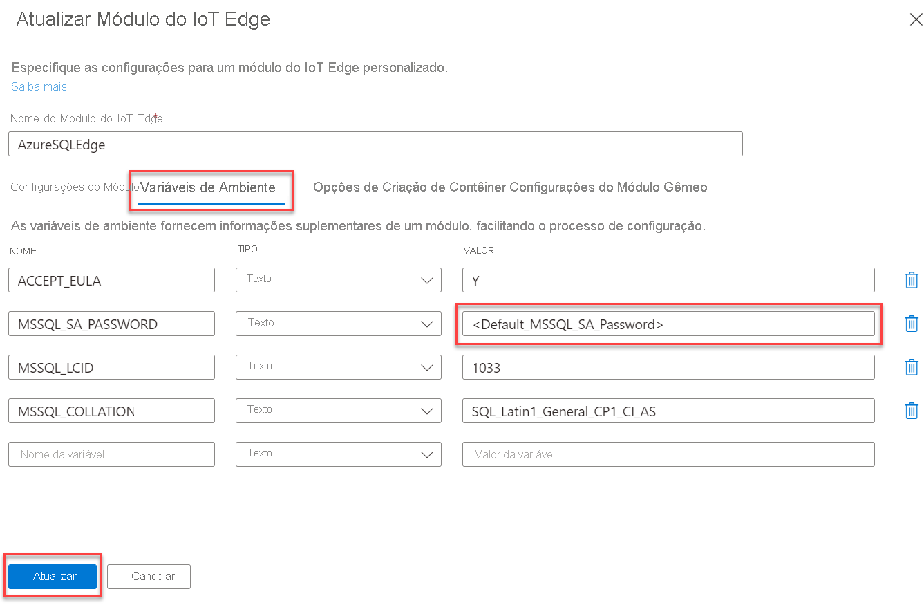 A guia “Variáveis de ambiente do módulo do IoT Edge” está selecionada com o valor de MSSQL_SA_PASSWORD. O botão “Atualizar” está realçado.