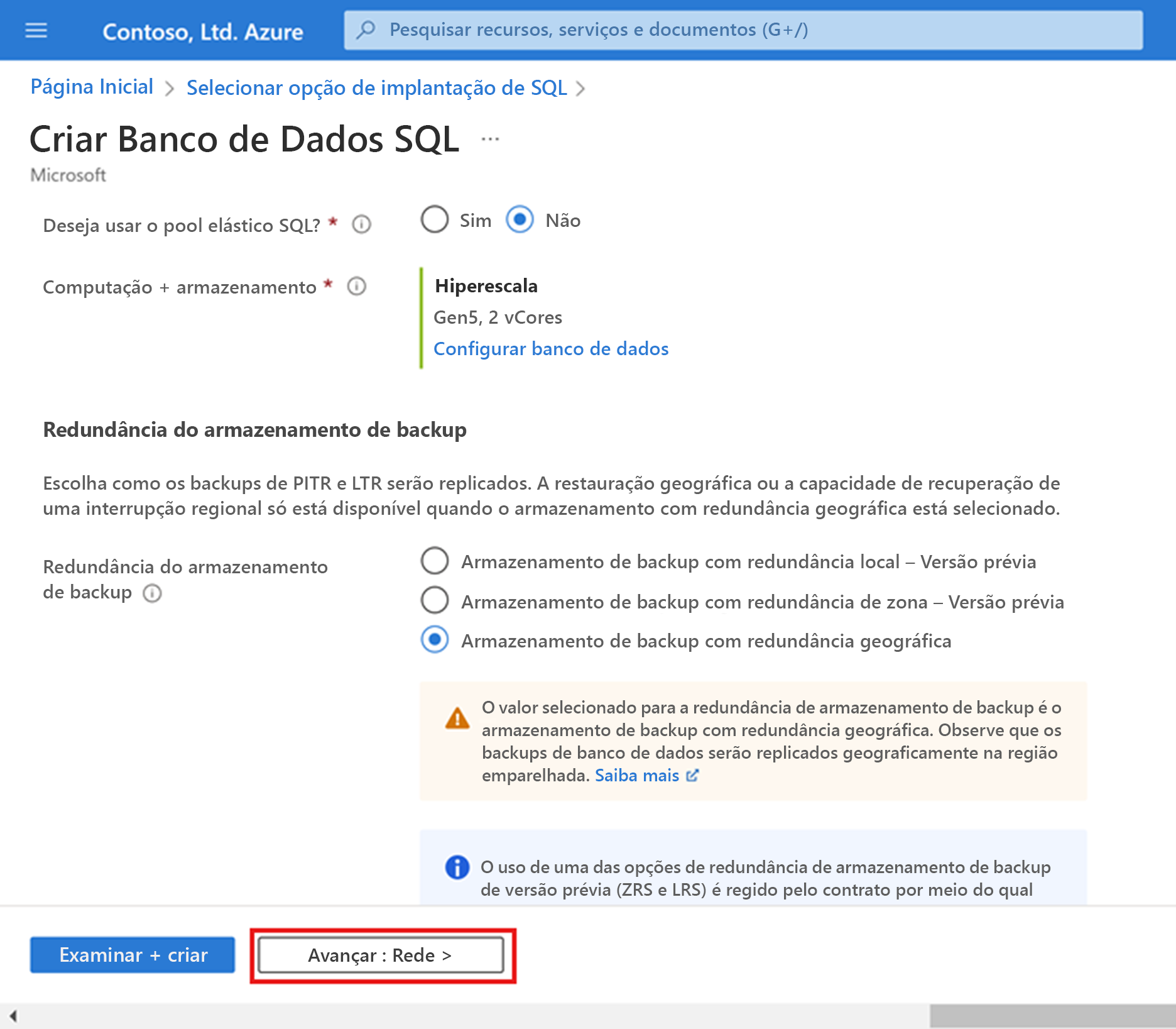 Página Rede durante o provisionamento da Hiperescala em um banco de dados SQL do Azure