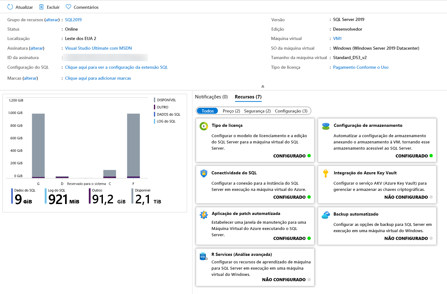 Captura de tela do provedor de recursos da VM do SQL.