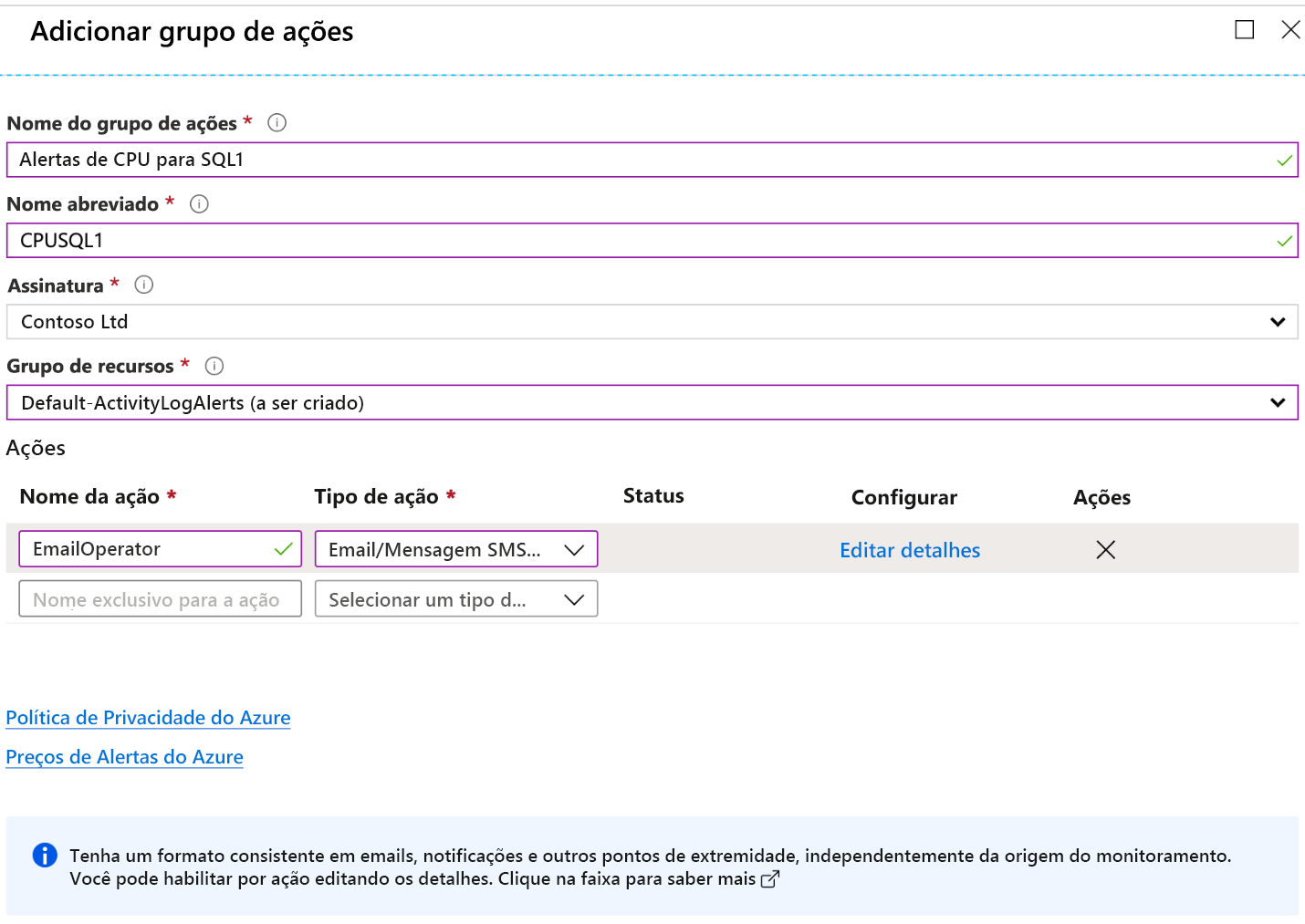 Uma captura de tela da página Adicionar grupo de ações ao criar um novo alerta