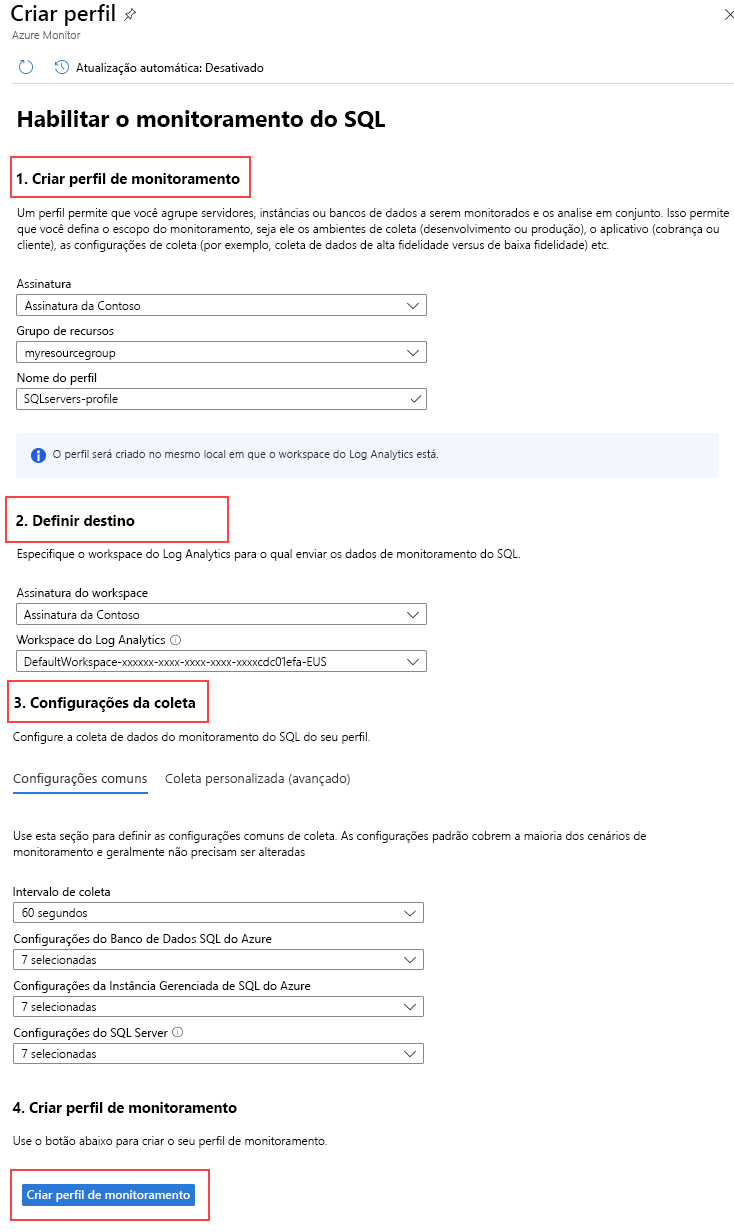 Captura de tela da página Criar perfil do SQL Insights.