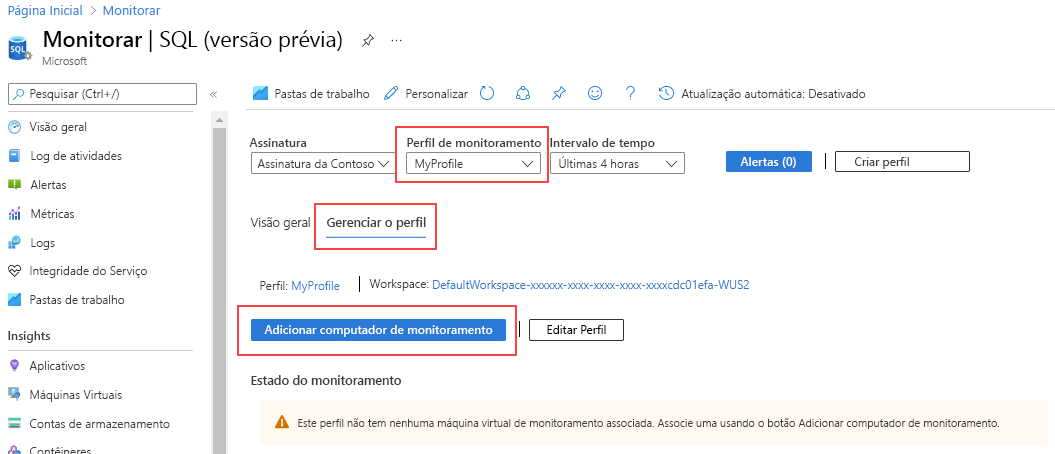 Captura de tela de Adicionar computador de monitoramento na página principal do SQL Insights.