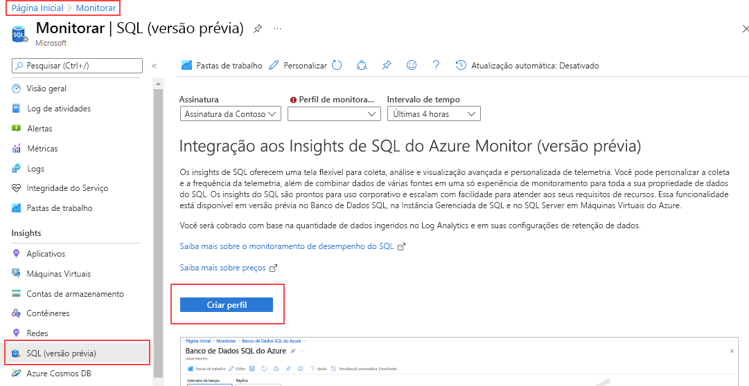 Captura de tela da página SQL Insights.