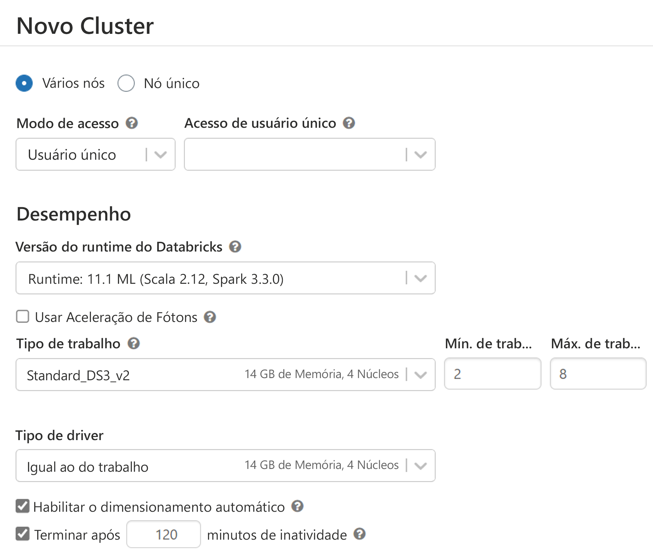 Captura de tela da criação de um cluster no Azure Databricks que mostra os nós de trabalho e de driver.