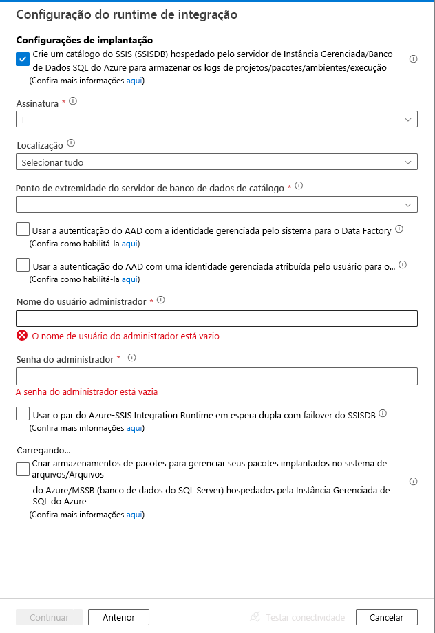 Criar catálogo SSIS (SSISDB) hospedado pelo servidor do Banco de Dados SQL do Microsoft Azure/instância gerenciada