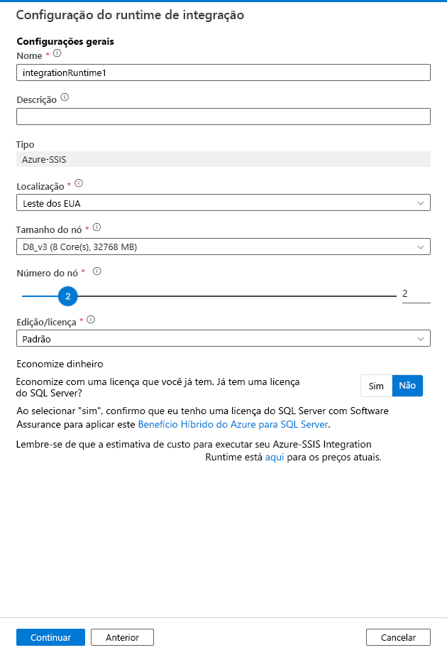 Página de configurações gerais do Integration Runtime