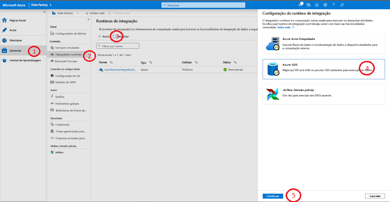 navegando para Integration Runtimes