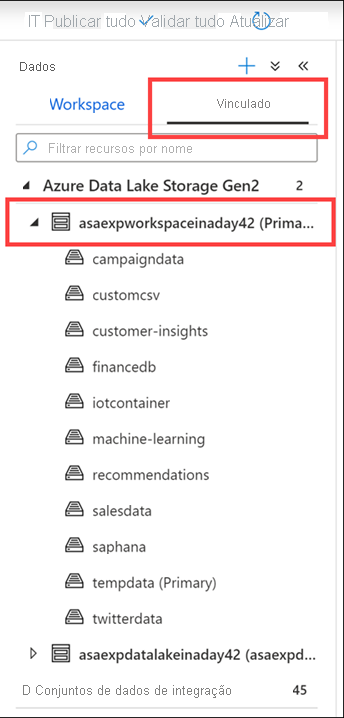 Exibindo vinculados no hub Dados no Azure Synapse Studio