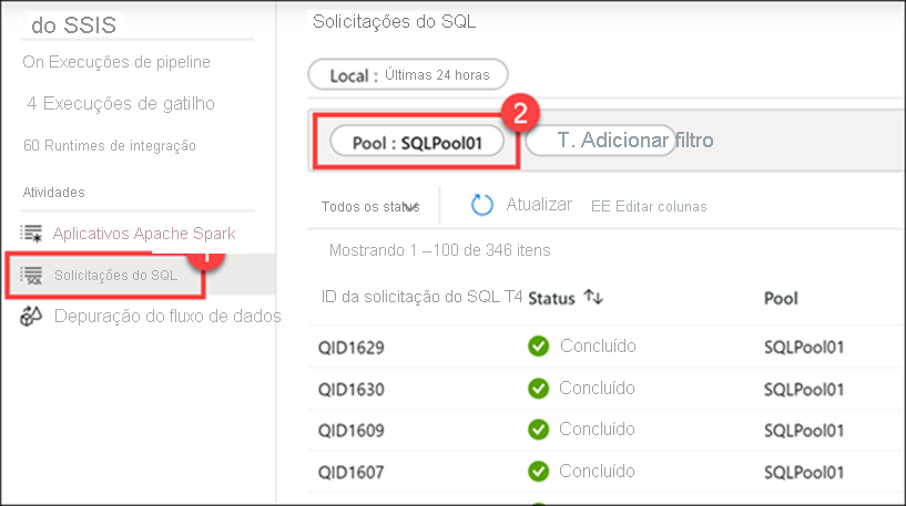 Solicitações SQL no hub Monitorar no Azure Synapse Studio