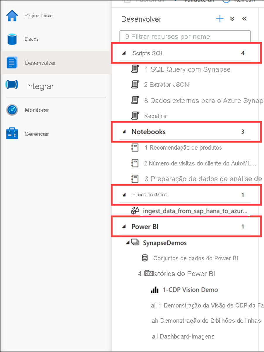 Exibir objetos no hub de desenvolvimento no Azure Synapse Studio